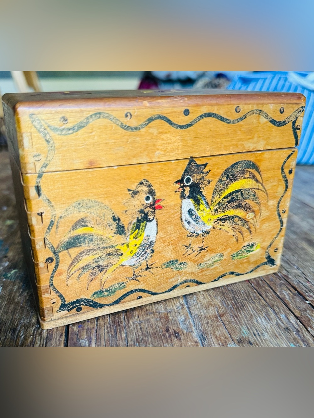Antique handmade wooden recipe box with roosters